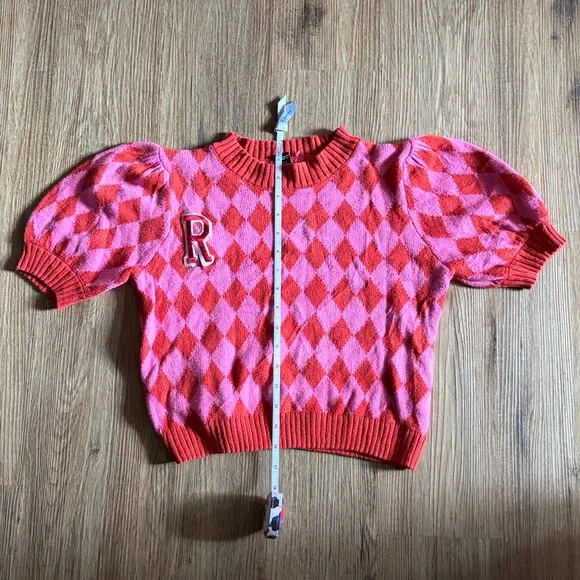 Forever 21 Pink & Red Diamond Argyle Cropped Sweater With ‘R” Patch - Small - Picture 3 of 5